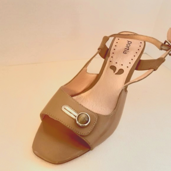 Portia Tan Patent Leather Sling Back Sandals Heels | 8 - Picture 6 of 12